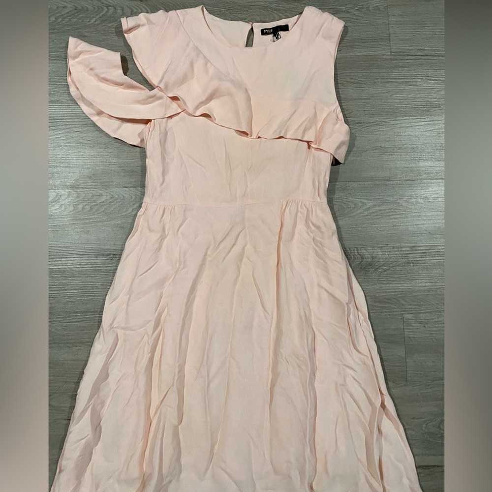 Maje Riveli Cold Shoulder Crepe Midi Elegant Pink Ruffle Dress‎ - Picture 7 of 12